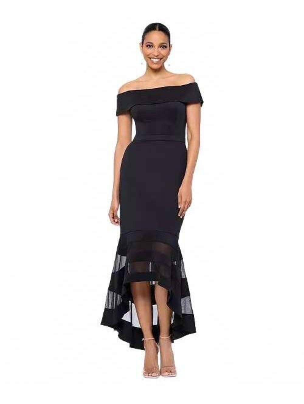 Elegant Off-Shoulder Black High-Low Dress with Sheer Panel Hem